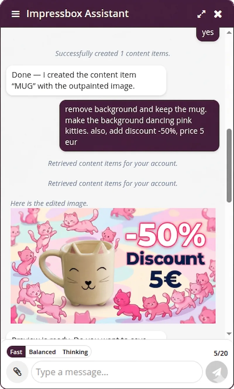 impressBox AI Agent chat: a mug photo is edited on request, with a new background and a -50% discount