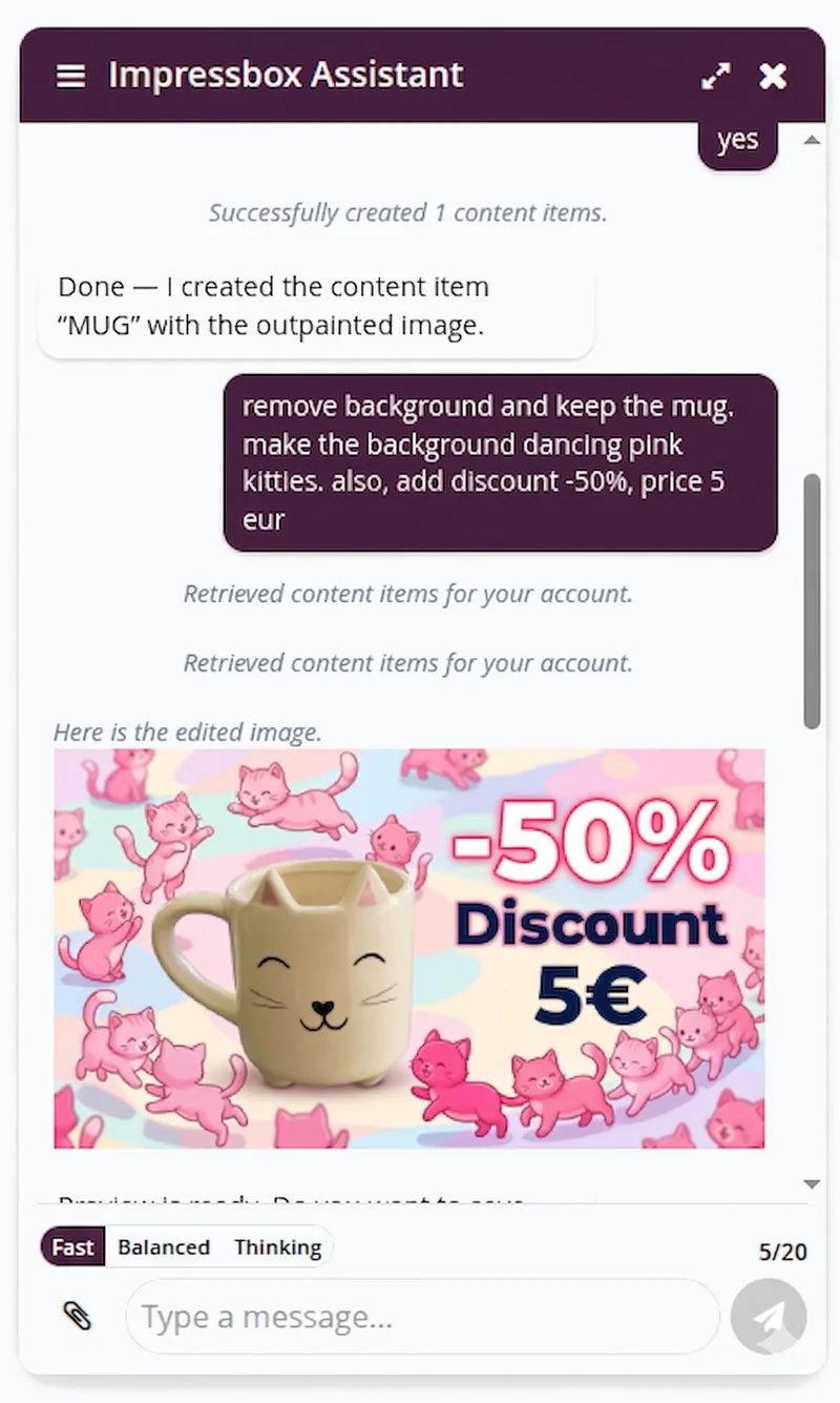impressBox AI Agent chat showing a product image being edited with generative AI