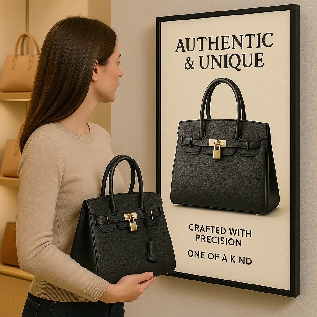 A woman in a luxury retail store admiring an advertisement for a purse she is holding.