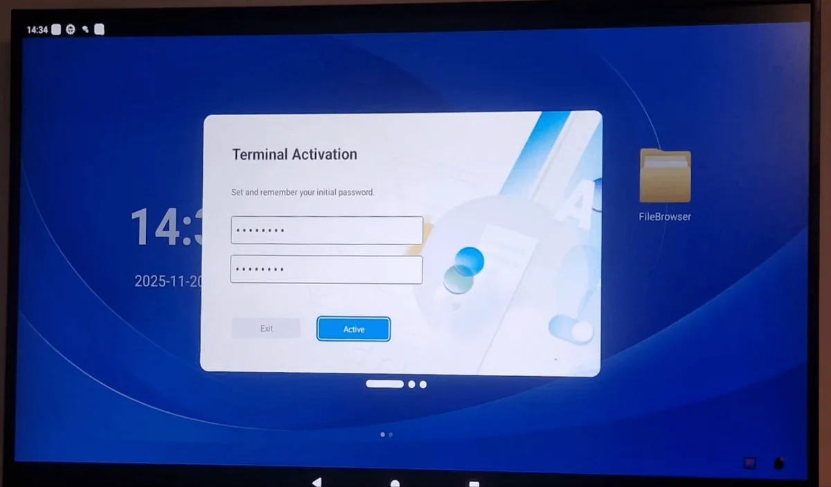 Hikvision display showing the terminal activation screen during setup