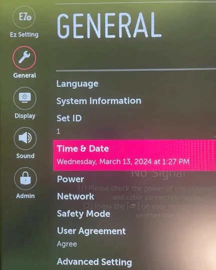 General settings menu with Time & Date highlighted