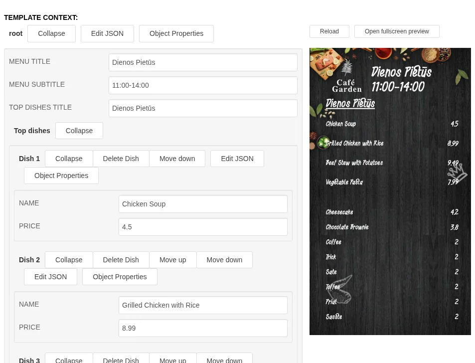 The same menu as a parametrized HTML template: a form with dish and price fields next to the finished menu board