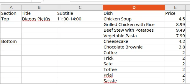 Spreadsheet with a lunch menu: section, dish and price columns