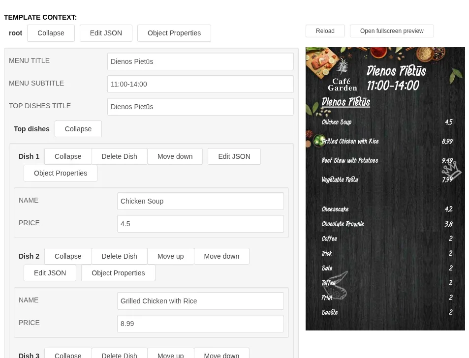 Template editor in impressBox: parameter form with dish names and prices beside a preview of the menu board